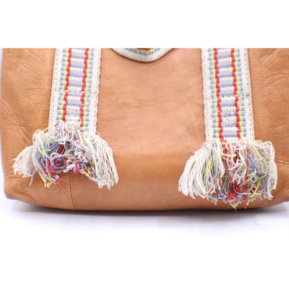 Madewell Tan Leather Crossbody Bag Handbag Colorful Striped Fringe Handles 10x10 - Picture 2 of 12